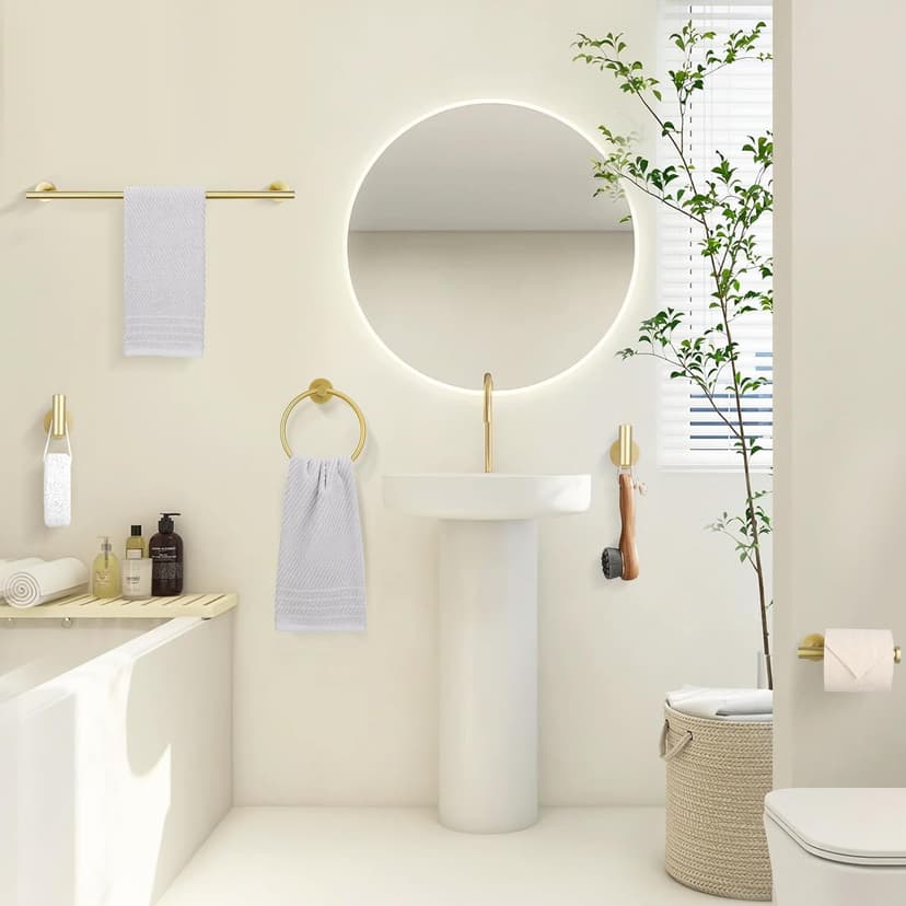 TURS Brushed Gold 5 Piece Bathroom Hardware Set, SUS304 Stainless Steel 24 Inch Bath Towel Bar Set, Round Bathroom Accessories Kit Wall Mounted