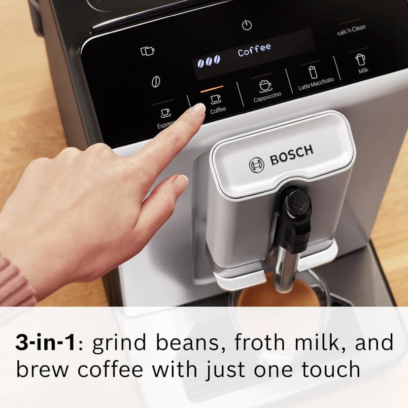 Bosch 300 Series Fully Automatic Espresso Machine – In-Cup Frother, OneTouch Milk Drinks, 5 Drink Options, Ceramic Grinder, Easy Clean & Descale, in Silver