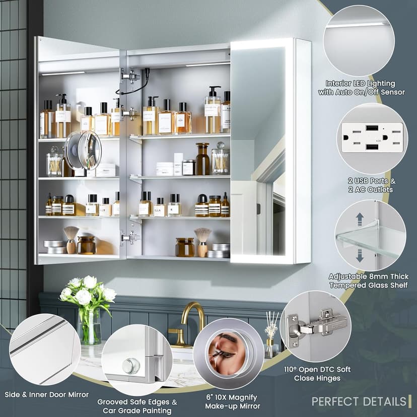 30x32 Inch Lighted Medicine Cabinet, AL Alloy Frame, Plug-in or Hardwired, Recessed or Wall Mount, Mirror Doors/3 Colors/Dimmable/Interior Sensor Light/Anti-Fog, 2 Outlets &USBs, 3 Shelves
