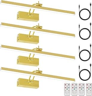 4 Pack Picture Lights for Wall, 16in Art Lighting for Paintings Cordless, 5200mAh Rechargeable Battery Operated Picture Light with Remote Dimmable and Timer for Artwork, Gallery, Frame, Display, Gold