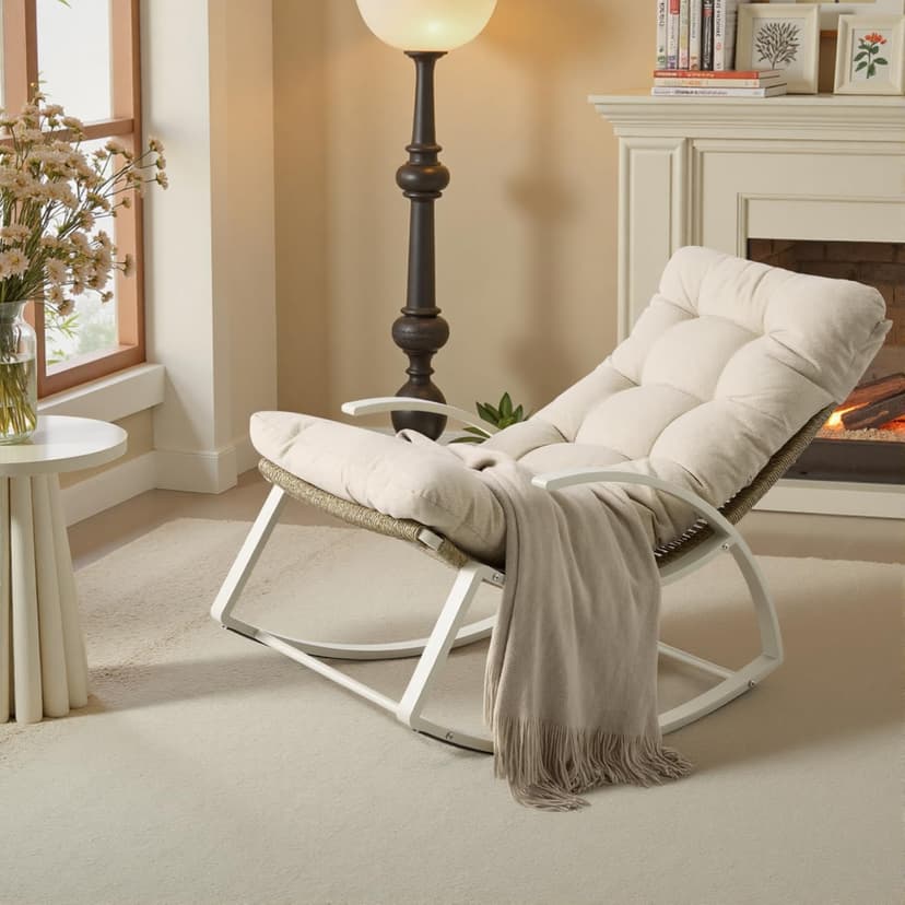 IRONCK Patio Rocking Chair, Outdoor Rocking Chair with Armrest and Cushion, Handwoven Twisted Rattan Rocker for Indoor Living Room Balcony Garden Porch, Beige