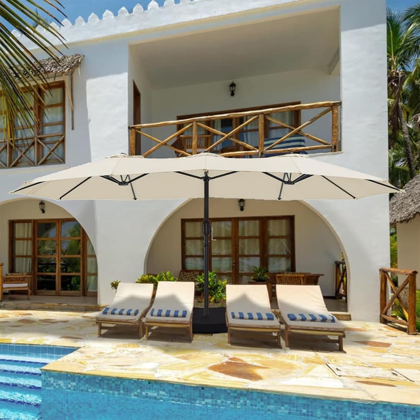 wikiwiki 15ft Large Patio Umbrellas with Base Included, Outdoor Double-Sided Umbrella with Crank Handle, Powerful UV Protective, for Pool Lawn Garden, Beige