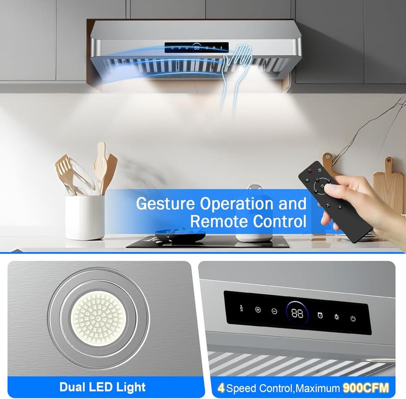 30 Inch Under Cabinet Range Hood with 1200CFM Powerful Suction,Stainless Steel Ducted Vent Hood with 4 Speeds,Smart Touch Panel, 3W LED Lights, Quiet Kitchen Exhaust Hood,18B-E30