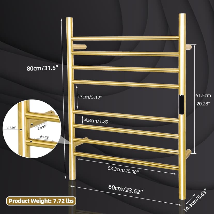 8 Bars Towel Warmer Rack, 23" Electric Wall Mounted Heated Towel Rack, Hot Towel Rails with Timer and Temperature Control for Bathroom, Brushed Gold