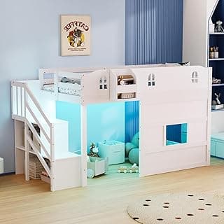 JOYMOR Low Loft Bed with Led Light, Loft Bed Twin Size with Castle Guardrail and Window, Staircase and Book Rack, Smart APP Control,No Box Spring Needed (White with Staircase)