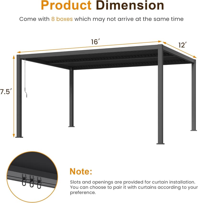 Louvered Pergola 12'x16', Full Aluminum Outdoor Pergola with Adjustable Proof and Gutter System, Metal Hardtop Gazebo for Patio, Deck, Garden, Yard, Black