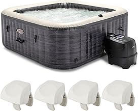 Intex PureSpa Plus Greystone Square Hot Tub 6 Person Inflatable 170 AirJet Spa Bundled with 4 PureSpa Cushioned Headrest Pillows