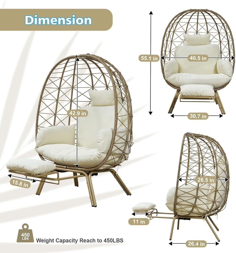 Wicker Egg Chair with Footrest & Cushions - Oversized 450lb Capacity Boho Wicker Egg Chair with Ottoman for Indoor/Outdoor - Beige Rattan Lounge Seat for Patio, Balcony, Garden, Home