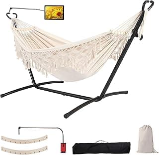 Double Hammock with Stand Upgraded Phone Holder Portable Heavy Duty Stainless Steel Indoor Outdoor Patio Yard Beach with Carrying Case （2022 Beige）