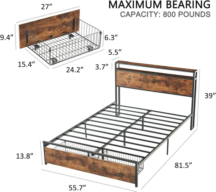 Virabit Bed Frame Full Size with Drawers, Full Platform Bed Frame with Headboard and Power Outlets, No Box Spring Needed, Easy Assemble(Brown).