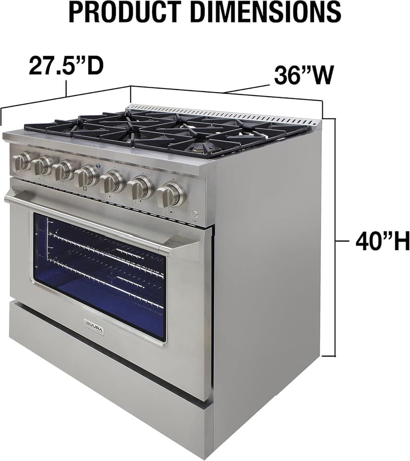 DE360GRSSS Gas Range Cooktop 36-Inch with Porcelain Convection Oven and Broil Function, 6 Sealed Burners and Continuous Grates with Stainless Steel Construction, Silver