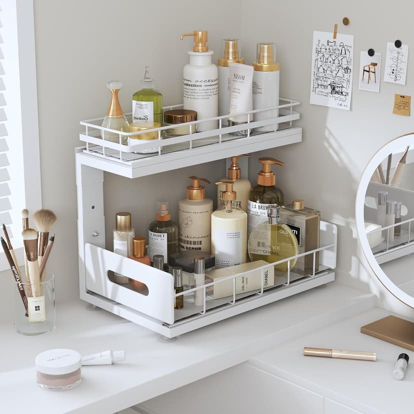 2 Pack Under Sink Organizer with Smooth Ball Bearing Slides, 2-Tier Pull Out Cabinet Storage, Slide Out Drawers for Bathroom and Kitchen, Under Sink Shelf, Rust-resistant Coating, Height Adjustable