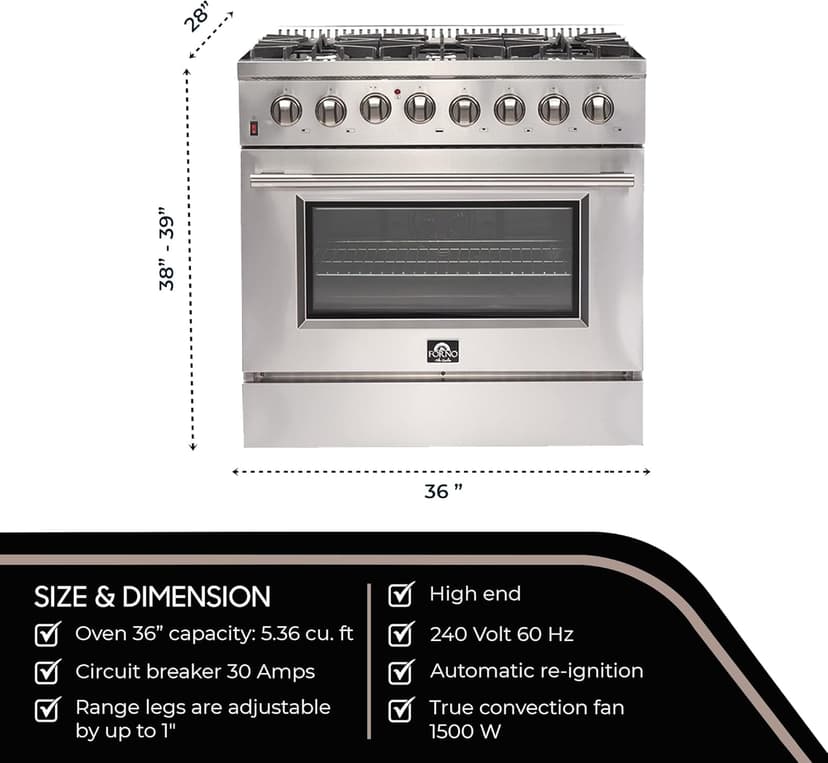 FORNO Galiano Dual Fuel 36" Inch. Freestanding Range 6 Sealed Brass Burners Cooktop - 5.36 Cu. Ft. Convection Electric Oven - Stainless Steel Stove Range Heavy Duty Cast Iron Grates