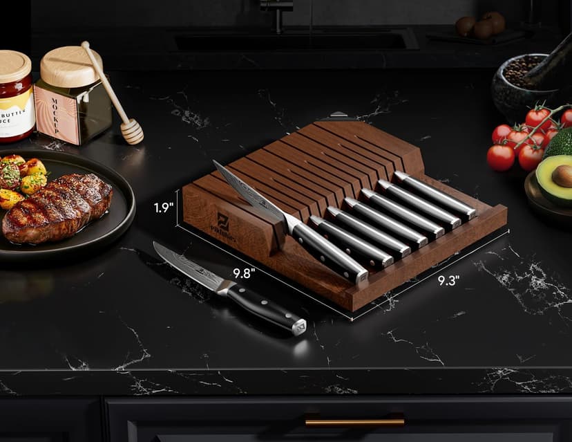 Steak Knives Set of 8 with Drawer Organizer Built-in Sharpener, 4.6 Inch Non Serrated Dinner Knife, Forged German Steel Damascus Pattern Straight Edge Meat Knife with Full Tang Handle, Black