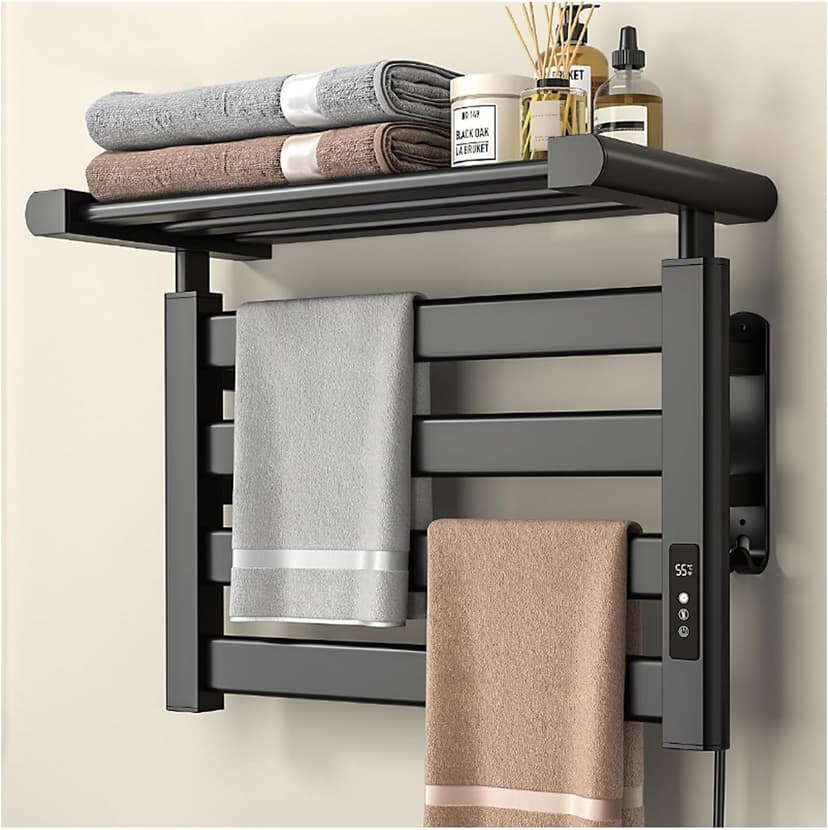 Heated Towel Rail, 135W Towel Warmer Digital Display Radiator Towel Rail Electric Towel Rail Timer 1-9H, 4-Bar Bathroom Radiators 53 * 41.5 * 26cm Electric Towel Radiator with Shelf