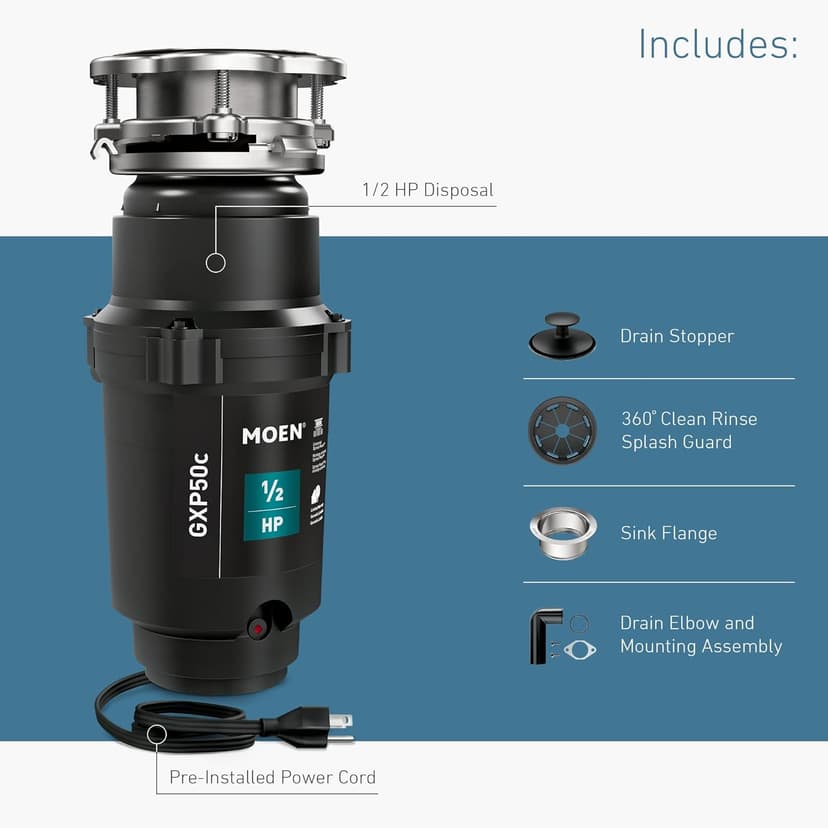 Moen Prep Series PRO 1/2 HP Continuous Feed Compact Garbage Disposal, Power Cord Included, GXP50C