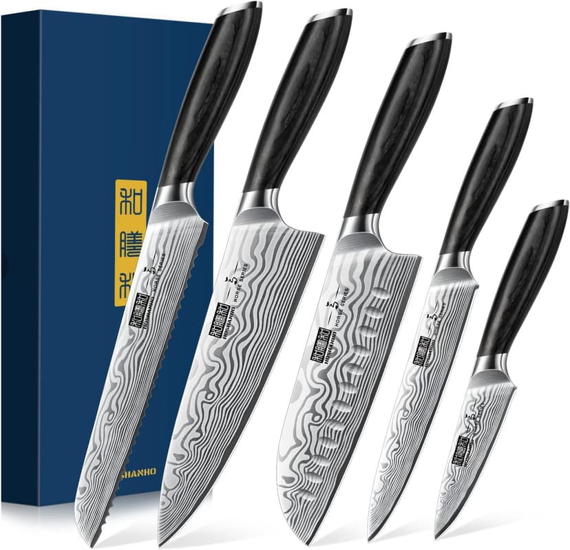 5 Pieces Knife Set, Professional Powder Steel Chef Knife Set, Ultra Sharp Japanese Kitchen Knives Set with Ergonomic Pakkawood Handle