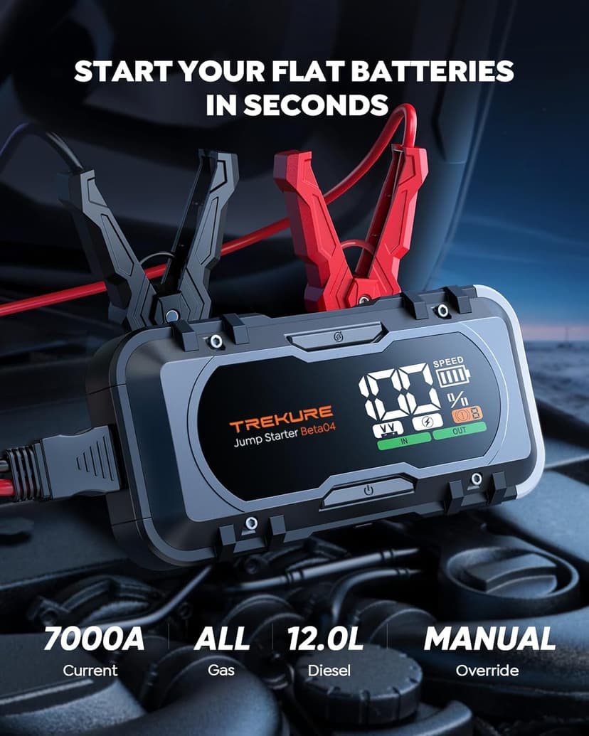 8-in-1 Car Battery Jump Starter 7000A Peak 65W Fast Charging Portable Car Battery Jumper Starter Portable (All Gas/10L Diesel) Jump Box with Extended Jumper Cables