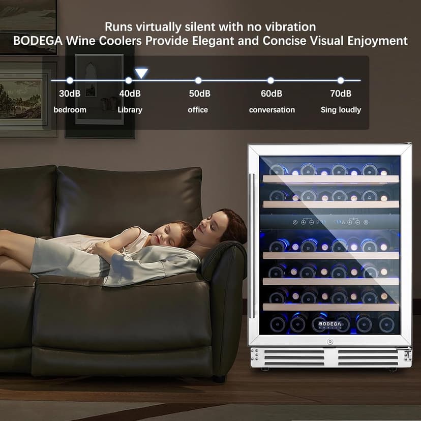 BODEGA 24 Inch Wine Cooler Refrigerator, 46 Bottle Dual Zone Wine Fridge with Double-Layer Tempered Glass Door,wine refrigerator with Temperature Memory Function, Built-in or Freestanding wine cooler.