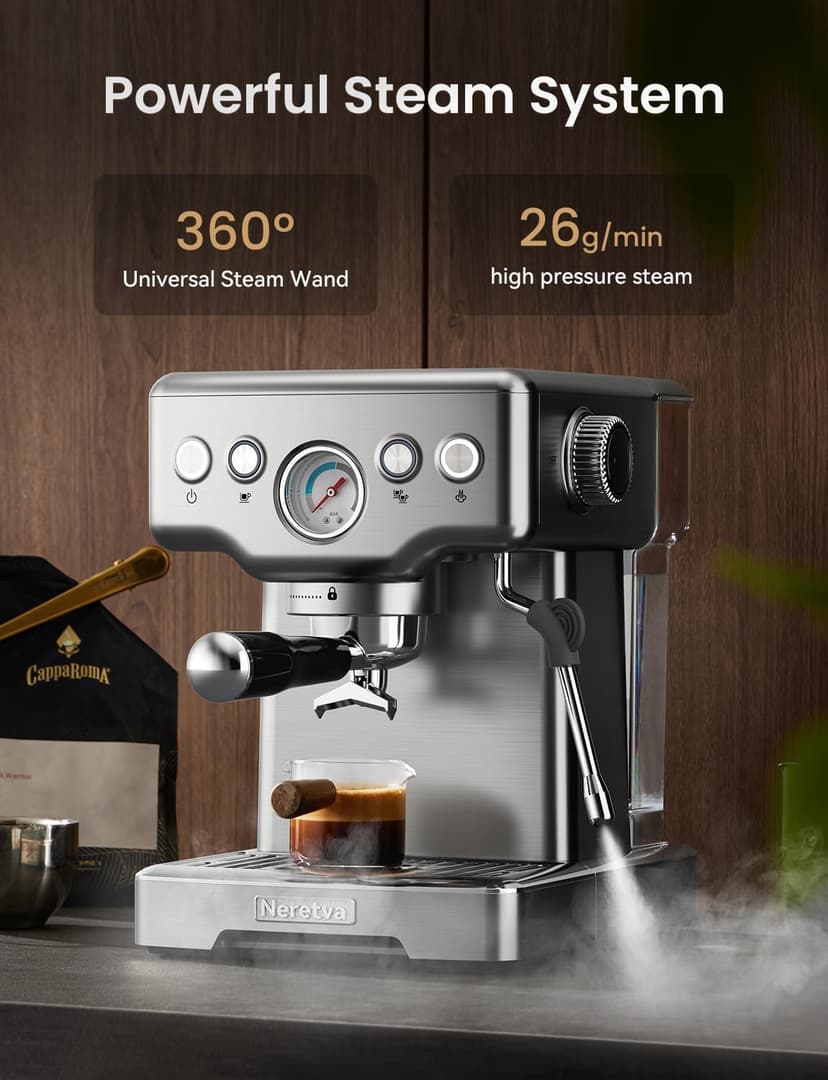 Neretva Espresso Machine, 15 Bar Espresso Coffee Machine with Visible Pressure Guage Professional Espresso Maker with Milk Frother & Stainless Steel for Home Barista Latte and Cappuccino Maker-Silver