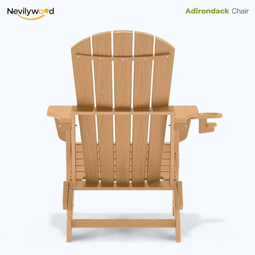 nevilywood Folding Adirondack Chair - Extended Ergonomic Backrest, Cup Holder - Easy Assembly - Durable HDPE Plastic, Weather Resistant & Maintenance-Free - Lawn, Patio, Deck Supports 400lbs Teak