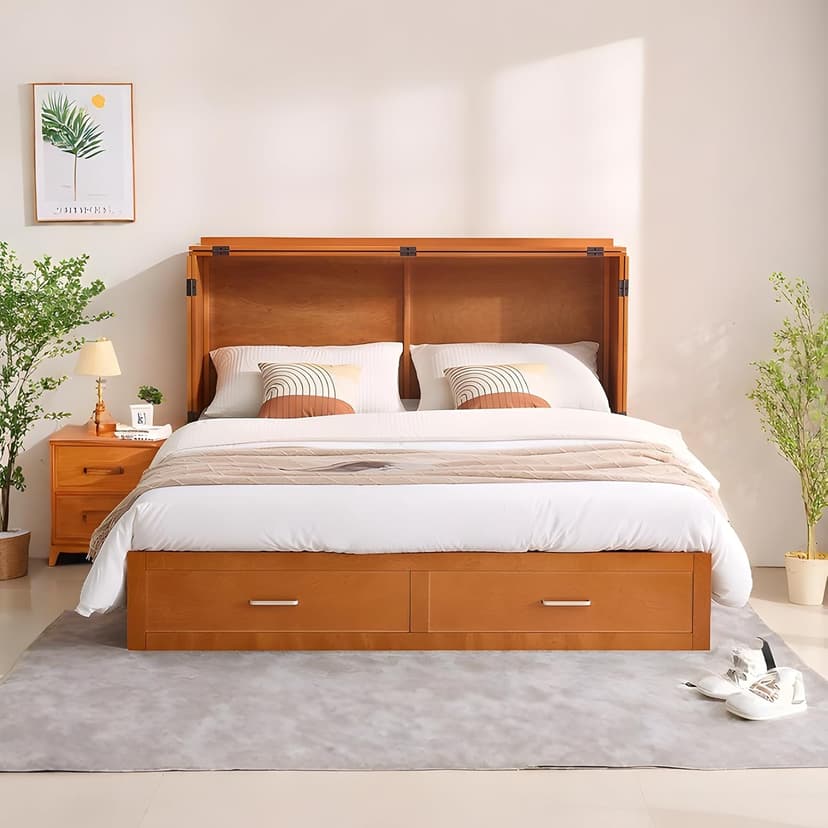 Queen Murphy Bed with Tri-Folding Mattress, Space-Saving Queen Size Wall Bed Built-in Charging Station, Foldable Murphy Bed Cabinet with 2 Storage Drawers for Bedroom, Guest Room, Cherry