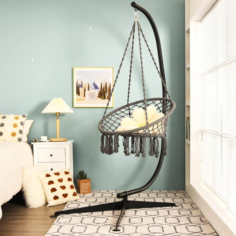 Giantex Hammock Chair Stand Only, Heavy Duty Steel C-Stand for Hanging Chair, 360° Rotation Egg Chair Stand W/Carabiner, 2" Diameter Steel Pipe, 81.5" H Stand for Swing Chair Outdoor Indoor