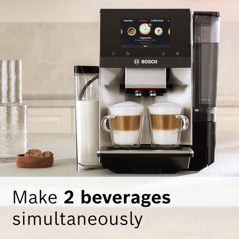 Bosch 800 Series Fully Automatic Espresso Machine – 36 Drinks with Coffee World, Cold Brew, Double Cup, Integrated Milk Container, Smart Features, in Silver TQU60307