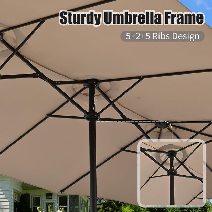 15ft Patio Umbrella with Base Included, Double Sided Outdoor Large Rectangular Patio Umbrella with Crank Handle, for Lawn Garden, Khaki