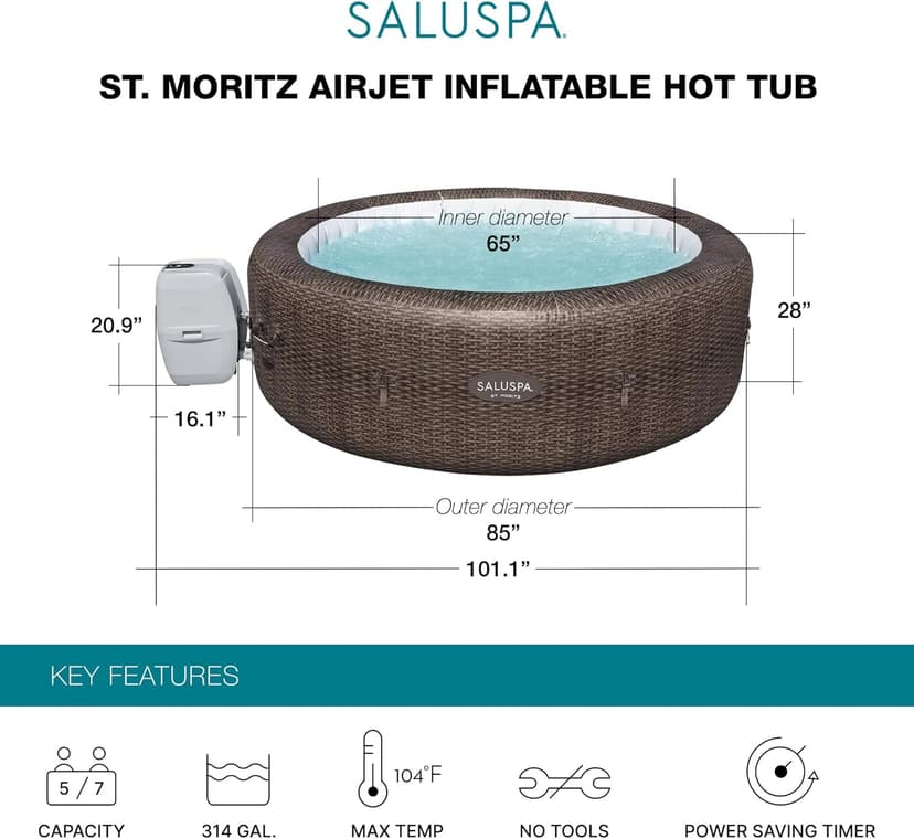 Bestway SaluSpa St Moritz Large Round AirJet 7 Person Inflatable Hot Tub Portable Outdoor Spa with 180 Soothing AirJets and Cover, Brown