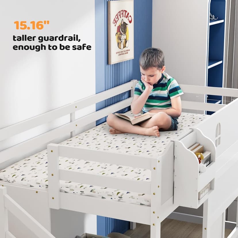 JOYMOR Low Loft Bed with Led Light, Loft Bed Twin Size with Castle Guardrail and Window, Staircase and Book Rack, Smart APP Control,No Box Spring Needed (White with Staircase)