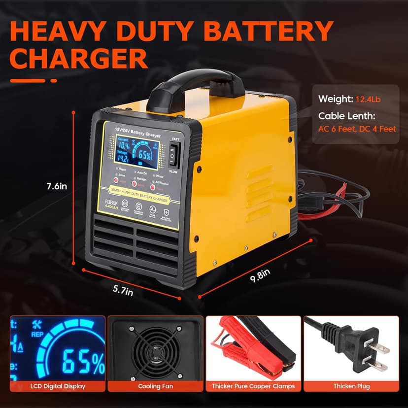 12V 24V Lead-Acid Battery Charger Heavy Duty, 0-15A Smart Automatic Battery Maintainer, Trickle Charger with Repair, Auto Off, Winter Summer Mode, for Car Truck Boat Motorcycle RV Lawn Mower (Yellow)