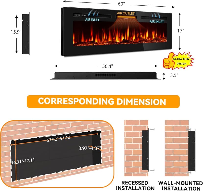 60 Inch Electric Fireplace in-Wall Recessed and Wall Mounted, Ultra-Thin Linear Fireplace Heater 750/1500W with Realistic Flame, Higher Temperatures & Lower Noise, Log Set & Crystal Options