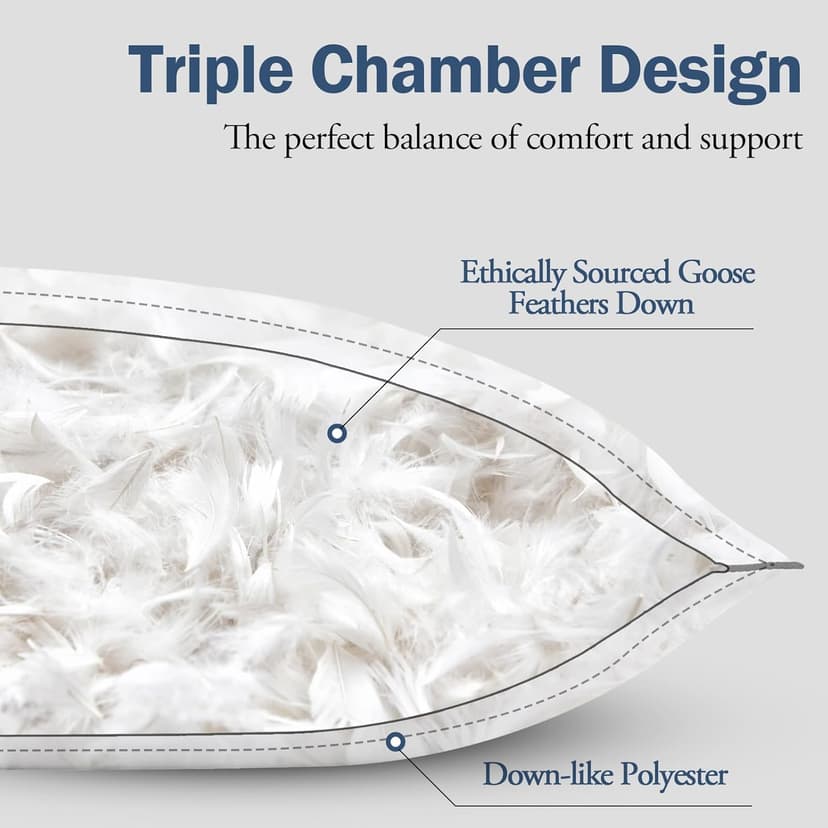 BPC Goose Feather Down Pillows Queen Size Set of 2, Luxury Hotel Bed Pillows, 100% Organic Cotton Cover, Soft Support Surround Fill Polyester, Medium Firm for Back, Stomach or Side Sleepers 20"x30"