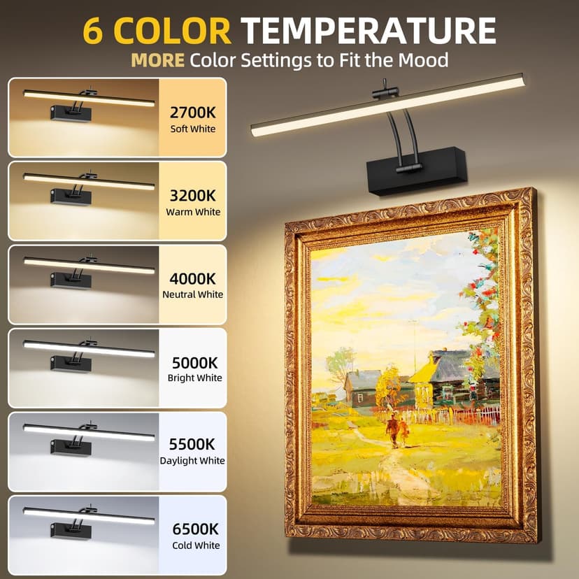 6 Colors Picture Lights Battery Operated with Remote, 16" Cordless Rechargeable Painting Lights with Timer for Wall, 6CCT Dimmable Display Lights for Artwork Gallery Dartboards, 4 Pack (Black)