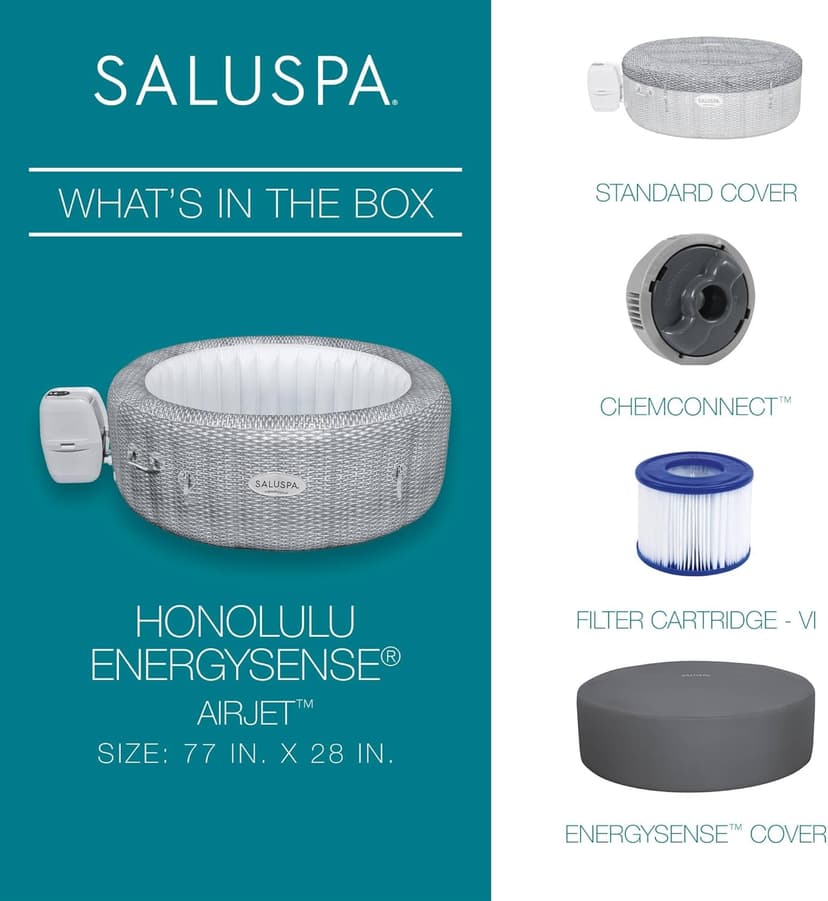 Bestway SaluSpa Honolulu AirJet Large Round 4 to 6 Person Inflatable Hot Tub Portable Outdoor Spa with 140 AirJets and EnergySense Cover, Grey