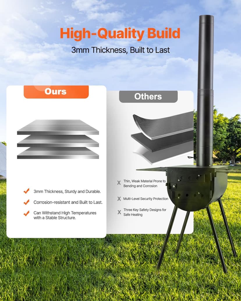VEVOR 118" Camping Wood Stove, Portable Alloy Steel Tent Stove with 3000in³ Firebox, Outdoor Heating & Cooking Stove with Chimney Pipes & Gloves, Includes 8 Pipes for Efficient Heating