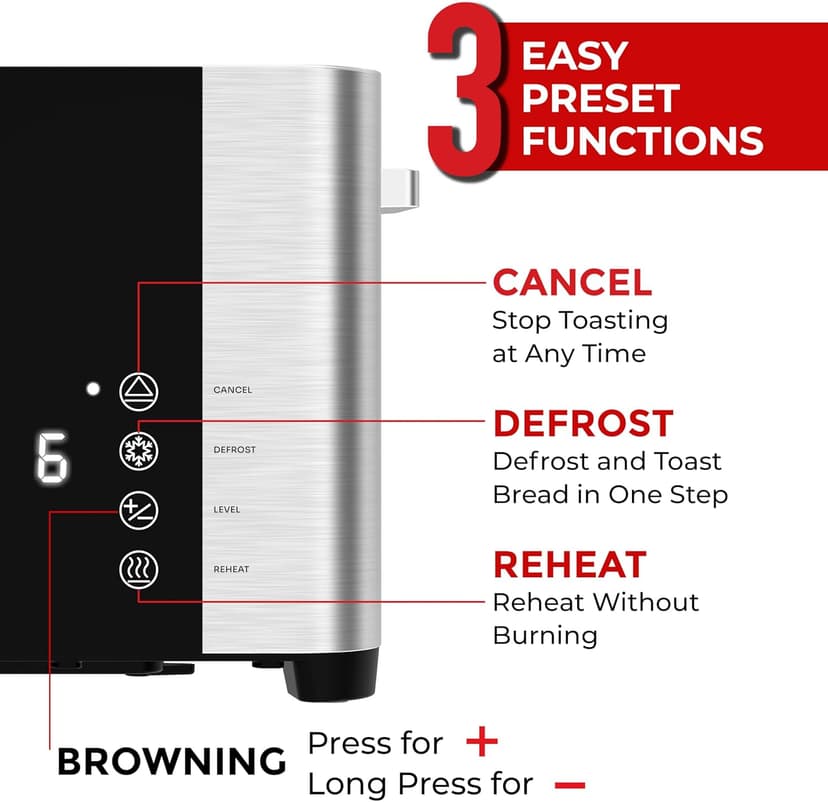 Mueller UltraToast Full Stainless Steel Toaster 2 Slice, Long Extra-Wide Slots with Removable Tray, Cancel/Defrost/Reheat Functions, 6 Browning Levels with LED Display, Housewarming Gifts New Home