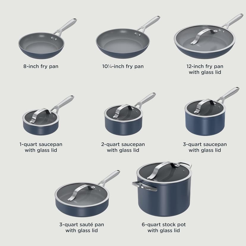 Ninja Ceramic Pro 14-Piece Cookware Set, Non-Stick Pots & Pans Set with Glass Lids, PTFE Free, Ceramic Coated, Oven Safe, All Stovetops & Induction Compatible, Midnight Blue, CW39014MM