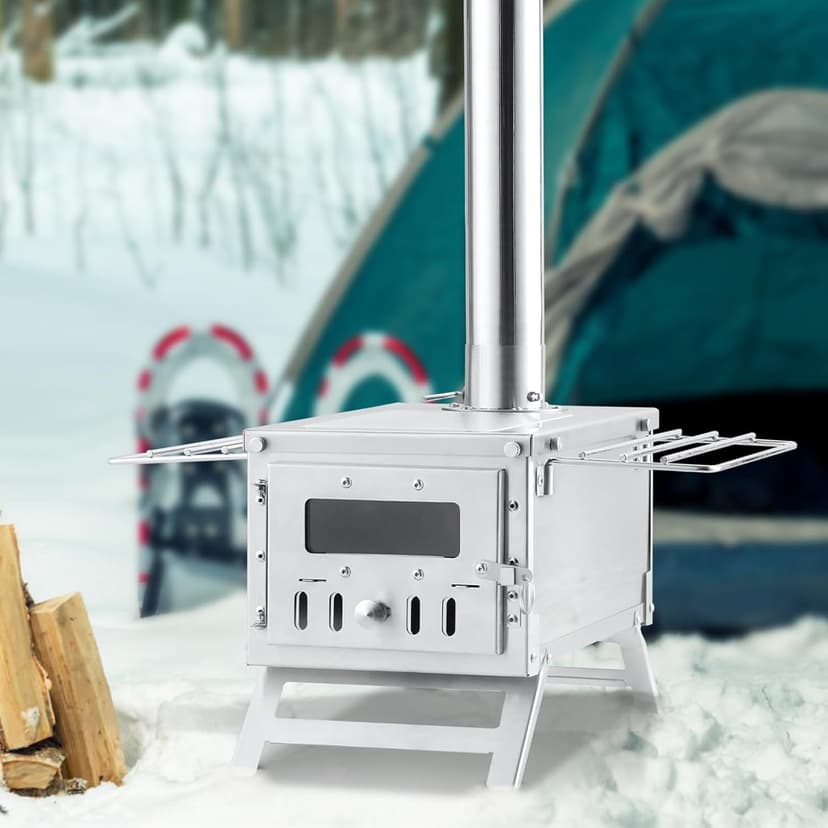 VEVOR Camping Wood Stove Stainless Steel Camping Tent Stove, Portable Wood Burning Stove with Chimney Pipes & Gloves, 700in³Firebox Hot Tent Stove for Outdoor Cooking and Heating with 8 Pipes