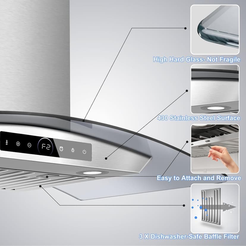 30 inch Range Hood Wall Mount, 1200 CFM with 4-Speed Gesture Sensing & Touch Control, Stainless Steel Ducted Kitchen Stove Vent Hoods with 2 LED Lights, Time Setting, Dishwasher-Safe Baffle Filters