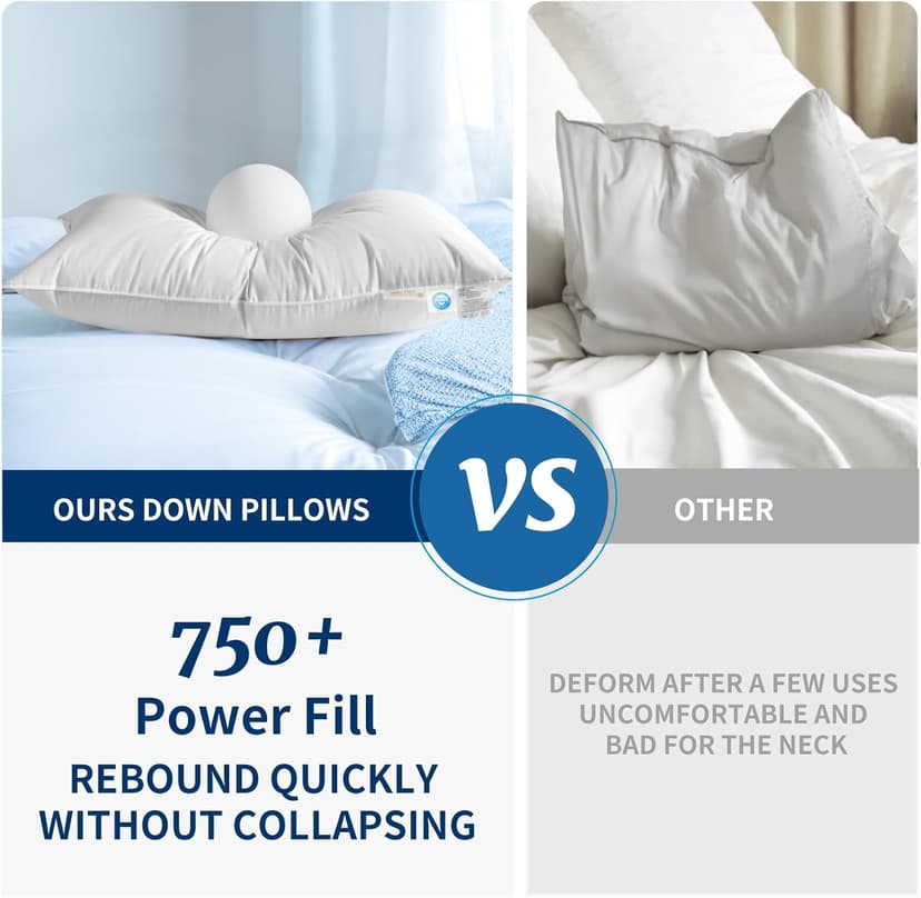 Canadian Luxury Goose Down Pillow Standard Size, 750 Fill Power, 100% Cotton with Teflon Shell- Ultra Comfort Sleep Pillows - Bed Pillows for Back, Stomach(White,Standard(Pack of 1))
