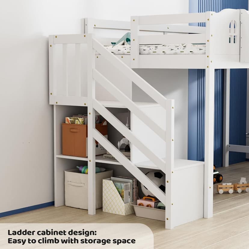 JOYMOR Low Loft Bed with Led Light, Loft Bed Twin Size with Castle Guardrail and Window, Staircase and Book Rack, Smart APP Control,No Box Spring Needed (White with Staircase)