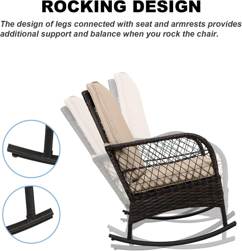 LEVELEVE 3 pcs Rocking Bistro Set Conversation Chairs PE Wicker Outdoor Rocking Chairs & Glass Table,for Porch Lawn Garden Backyard Deck(Rocking Set,Khaki)