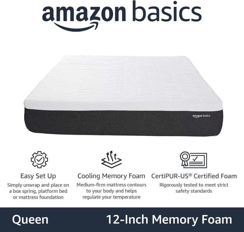Amazon Basics Gel Memory Foam Mattress, Firm, Cooling, Queen Size Mattress, CertiPUR-US® Certified Foam, 80 x 60 x 12 inches, White/Dark Gray
