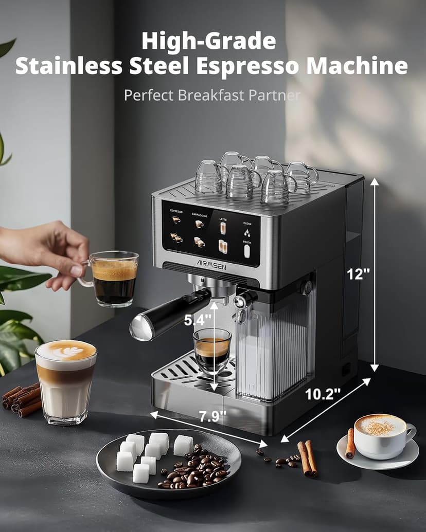 AIRMSEN 20 Bar Espresso Machine with Automatic Milk Frother, Cappuccino & Latte Coffee Maker with Quick Brew Dual Boiler (1350W + 1000W), Stainless Steel, 60oz Water Tank, Touchscreen