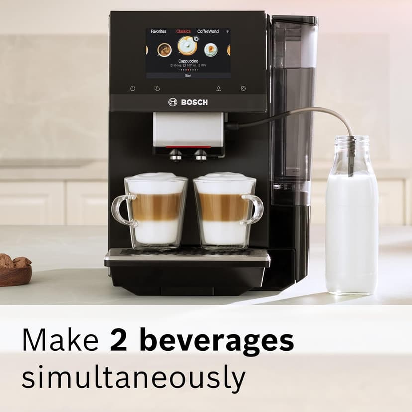 Bosch 800 Series Fully Automatic Espresso Machine – 35 Drinks, Cold Brew, Double Cup, Milk Hose, Ceramic Grinder, Smart Features, in Black