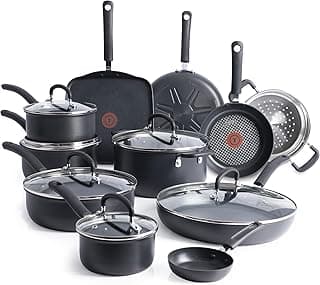 T-fal Ultimate Hard Anodized Nonstick Cookware Set 17 Piece, Oven Broiler Safe 400F, Lid Safe 350F, Kitchen Cooking Set w/Fry Pans, Saucepans, Saute Pan, Griddle, Pots and Pans, Dishwasher Safe Black