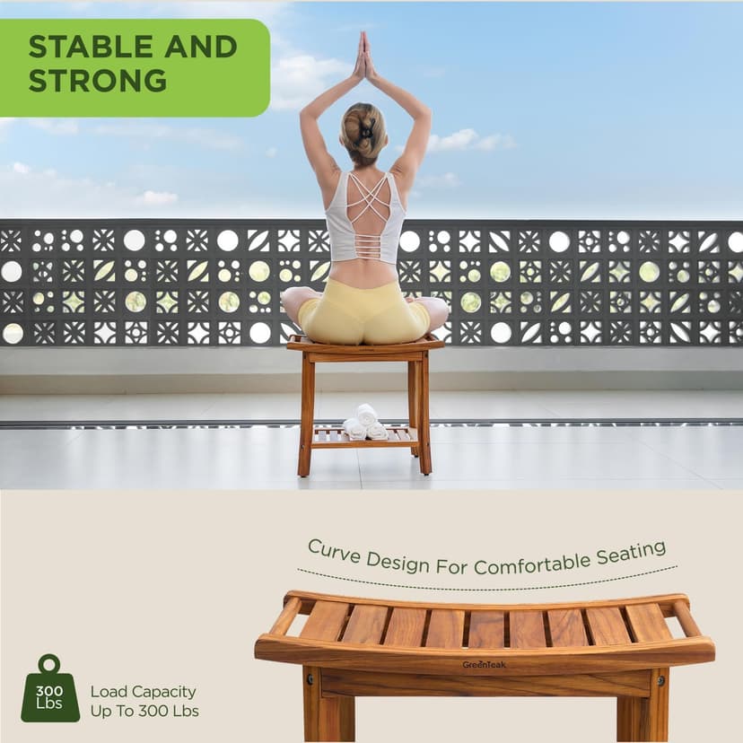Premium 22" Teak Shower Bench with Handles, Waterproof Teak Shower Stool, Wooden Stool for Bathroom, Teak Wood Shower Bench Stool Seat Chair for Shower Storage Shelf, 300 Lbs Capacity