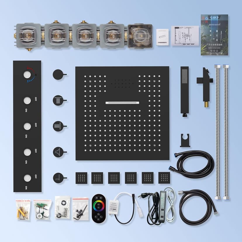 Smart Shower System with Body Jets, Black Shower Head and Handle Set,16" Ceiling Mount Rainfall Waterfall Shower Jets System with Tub Spout,Thermostatic Shower System Bathroom with Music and Led Light